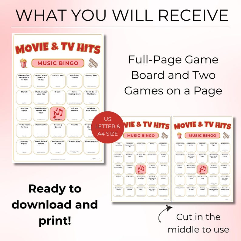 Movies & Shows Music Bingo, Fun Printable Game for Parties, 100 Bingo Cards + Spotify Playlist for Game Night
