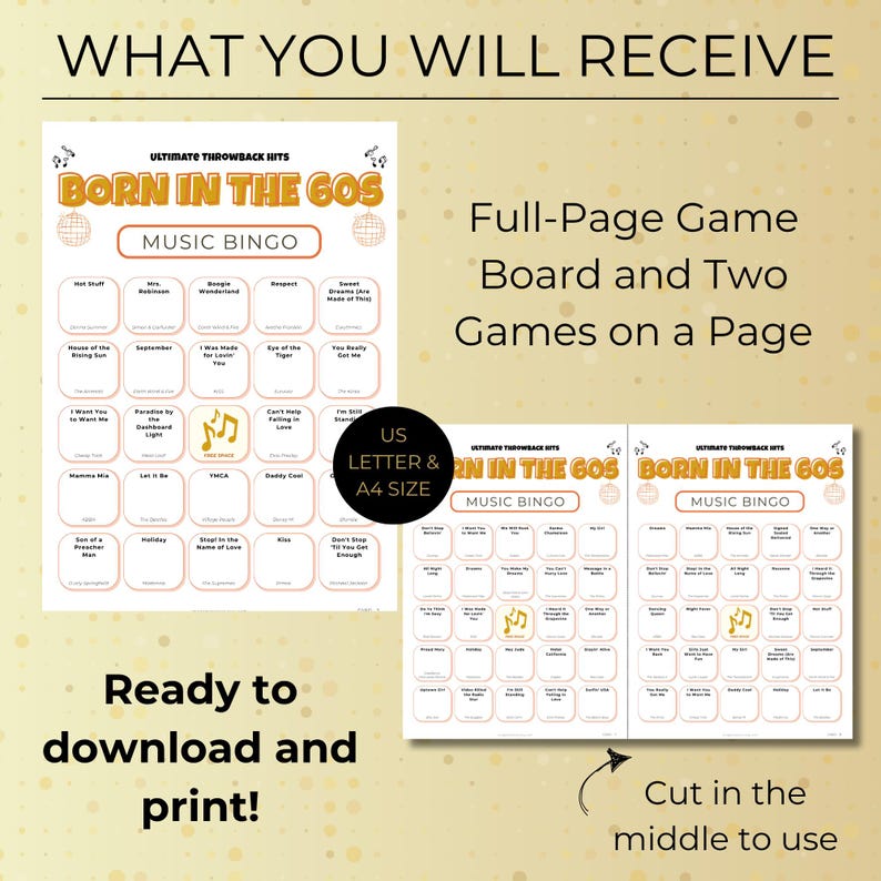 Born in the 60s Music Bingo, 400 Cards Printable, 1960s Retro Party Game, Large Group Birthday Activity, Sportify Playlist, Instant Download