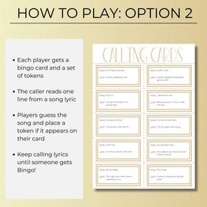 Golden Oldies Music Bingo lyric calling cards, players guess classic songs from lyrics, fun vintage music guessing game