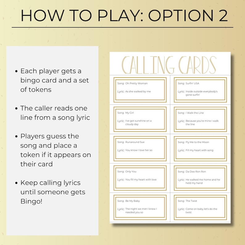 Golden Oldies Music Bingo lyric calling cards, players guess classic songs from lyrics, fun vintage music guessing game