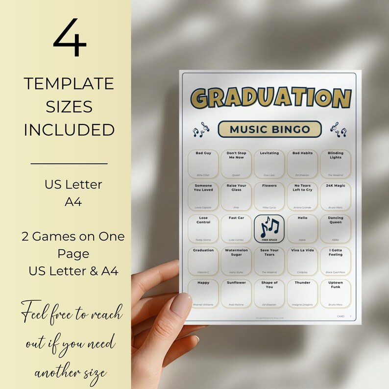 Graduation Music Bingo, 100 Unique Cards with Spotify Playlist, Printable Party Game and Music Night Activity, Celebration