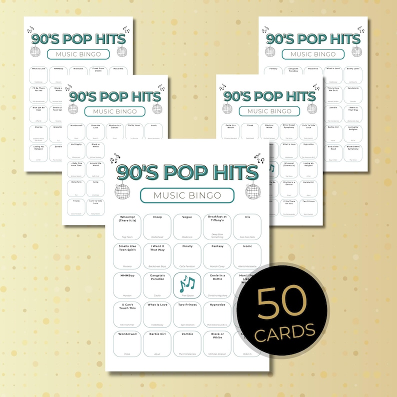 90s Music Bingo: 50 Printable Cards, Exciting Party Game with Spotify Playlist, Instant Digital Download