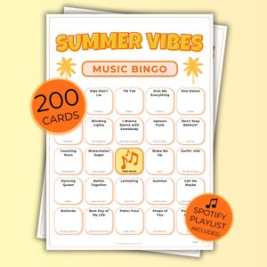 Summer Hits Music Bingo, Fun Printable Game, 200 Cards for Pool Parties, BBQs, and Family Gatherings, Spotify Playlist, Instant Download