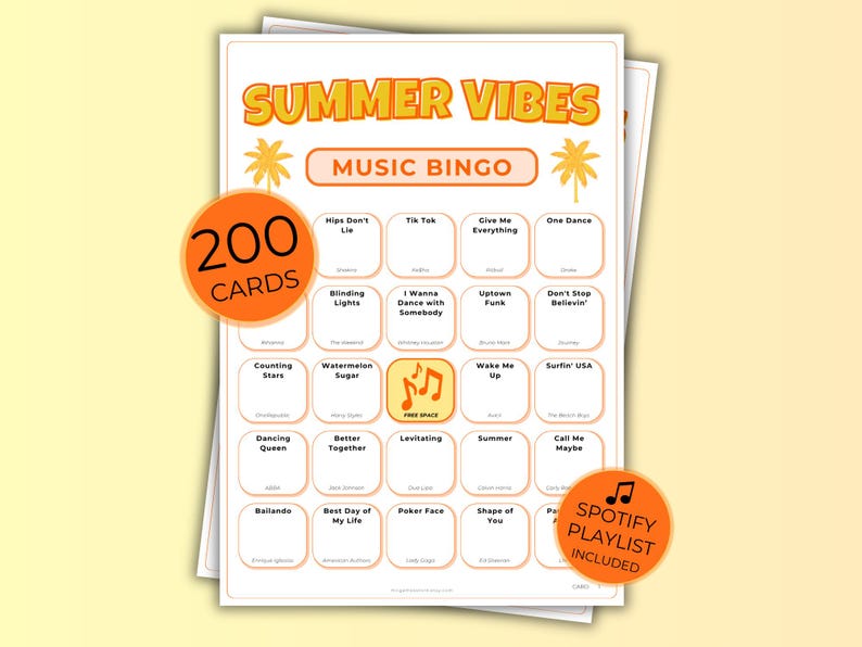 Summer Hits Music Bingo, Fun Printable Game, 200 Cards for Pool Parties, BBQs, and Family Gatherings, Spotify Playlist, Instant Download