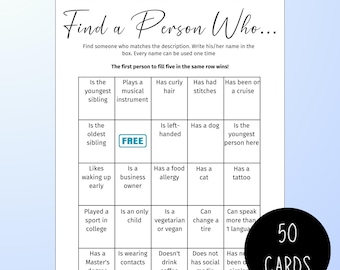 50 Cards Mix and Mingle Bingo, Get to Know You Questions, Find Someone Who, Workplace Bingo, Class Reunion Games, Icebreaker Bingo