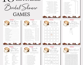Love is Brewing Bridal Shower Games Bundle, Editable Coffee Party Templates for Fun Bridal Celebrations WS008