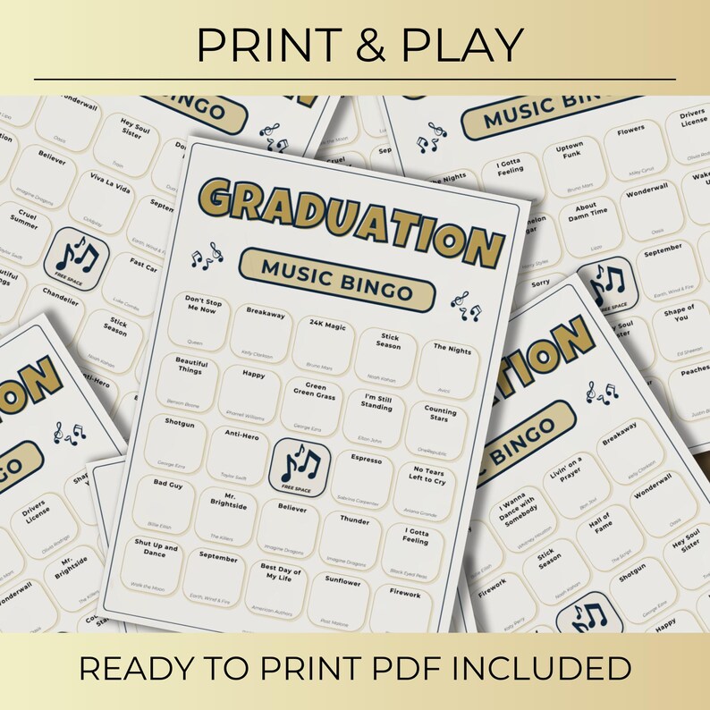 Graduation Music Bingo, 100 Unique Cards with Spotify Playlist, Printable Party Game and Music Night Activity, Celebration