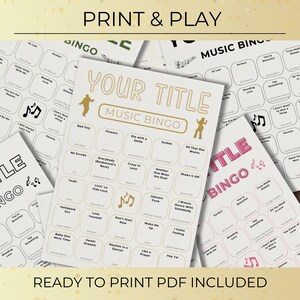 Print and play custom music bingo cards displayed in multiple designs, ready to print and use for parties.