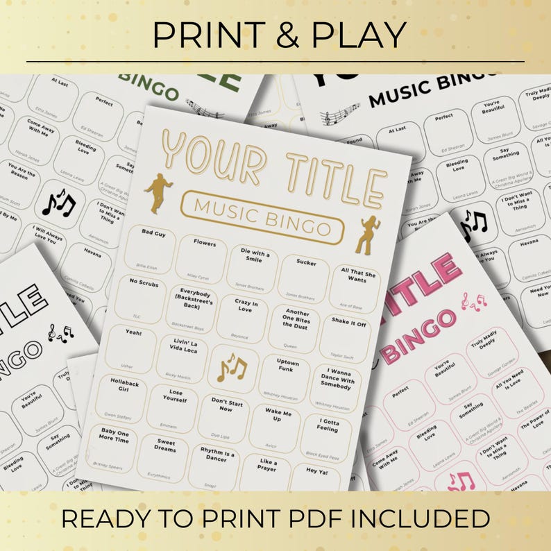 Print and play custom music bingo cards displayed in multiple designs, ready to print and use for parties.