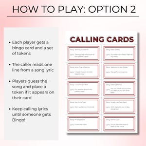 May include: A game card set with the title "Calling Cards" and instructions for play. The game involves matching song lyrics to a bingo card. The card features song titles and lyrics, with instructions on how to play.