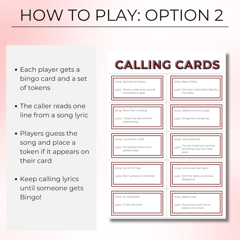 May include: A game card set with the title "Calling Cards" and instructions for play. The game involves matching song lyrics to a bingo card. The card features song titles and lyrics, with instructions on how to play.
