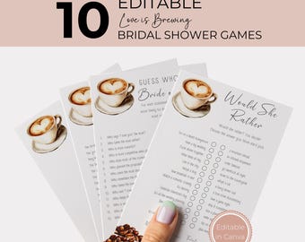 Juegos para despedidas de soltera con temática de café (Plantilla editable de Canva, PDF imprimible)