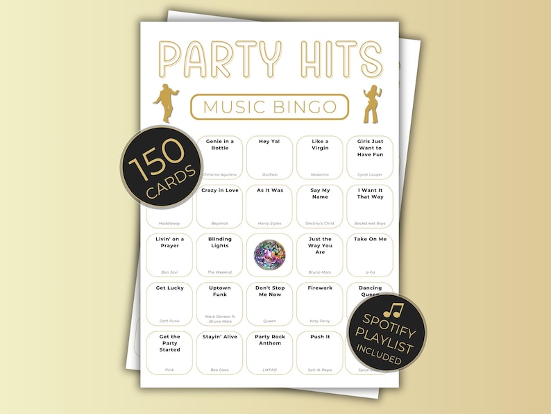 Party Hits Music Bingo printable showing multiple unique bingo cards with gold and beige design, party music bingo game with 150 cards.