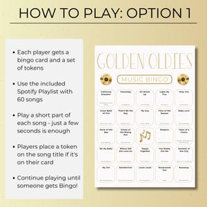 How to play Golden Oldies Music Bingo using Spotify playlist, players mark song titles while listening to classic oldies music