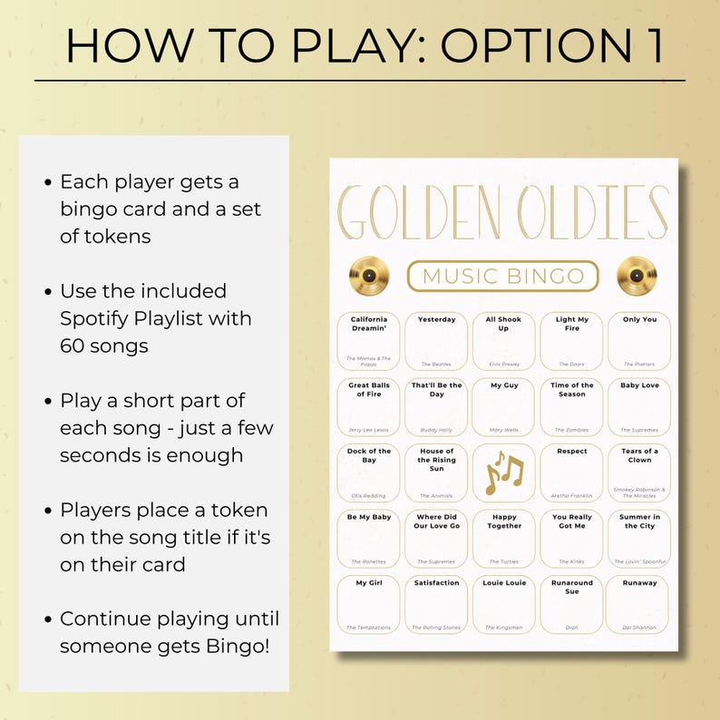 How to play Golden Oldies Music Bingo using Spotify playlist, players mark song titles while listening to classic oldies music