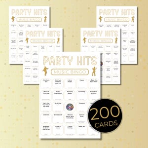 Party Hits Music Bingo printable showing multiple unique bingo cards with gold and beige design, party music bingo game with 200 cards.