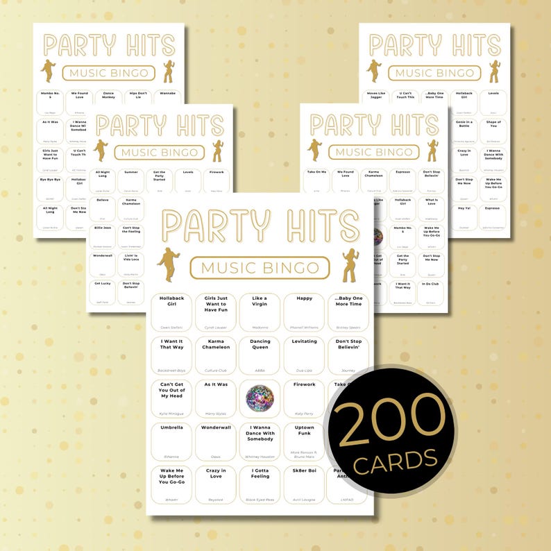 Party Hits Music Bingo printable showing multiple unique bingo cards with gold and beige design, party music bingo game with 200 cards.