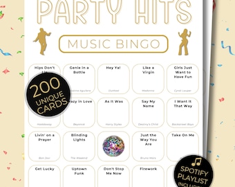Party Hits Music Bingo, 200 Printable Cards, Instant Download Music Game, 80s to Today