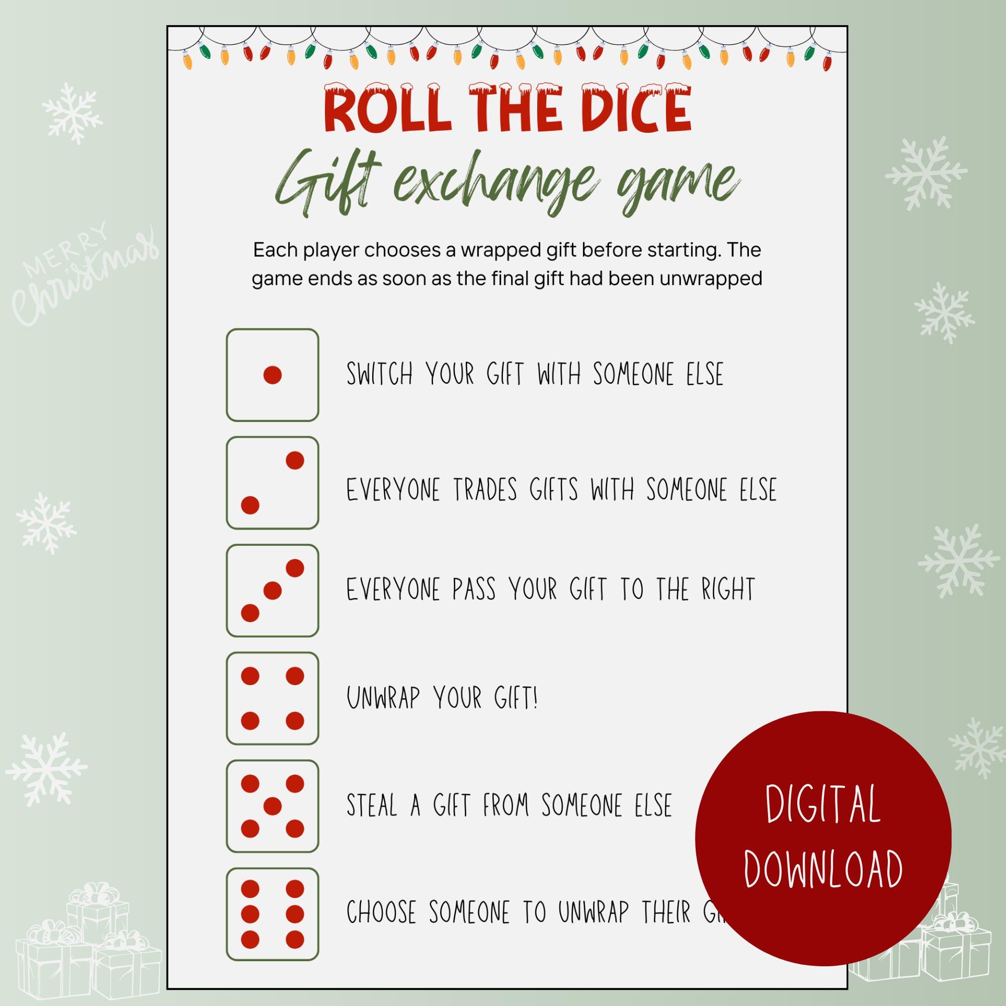 White Elephant Gift Exchange Dice - Food Decision Maker & Party Game For Family Nights