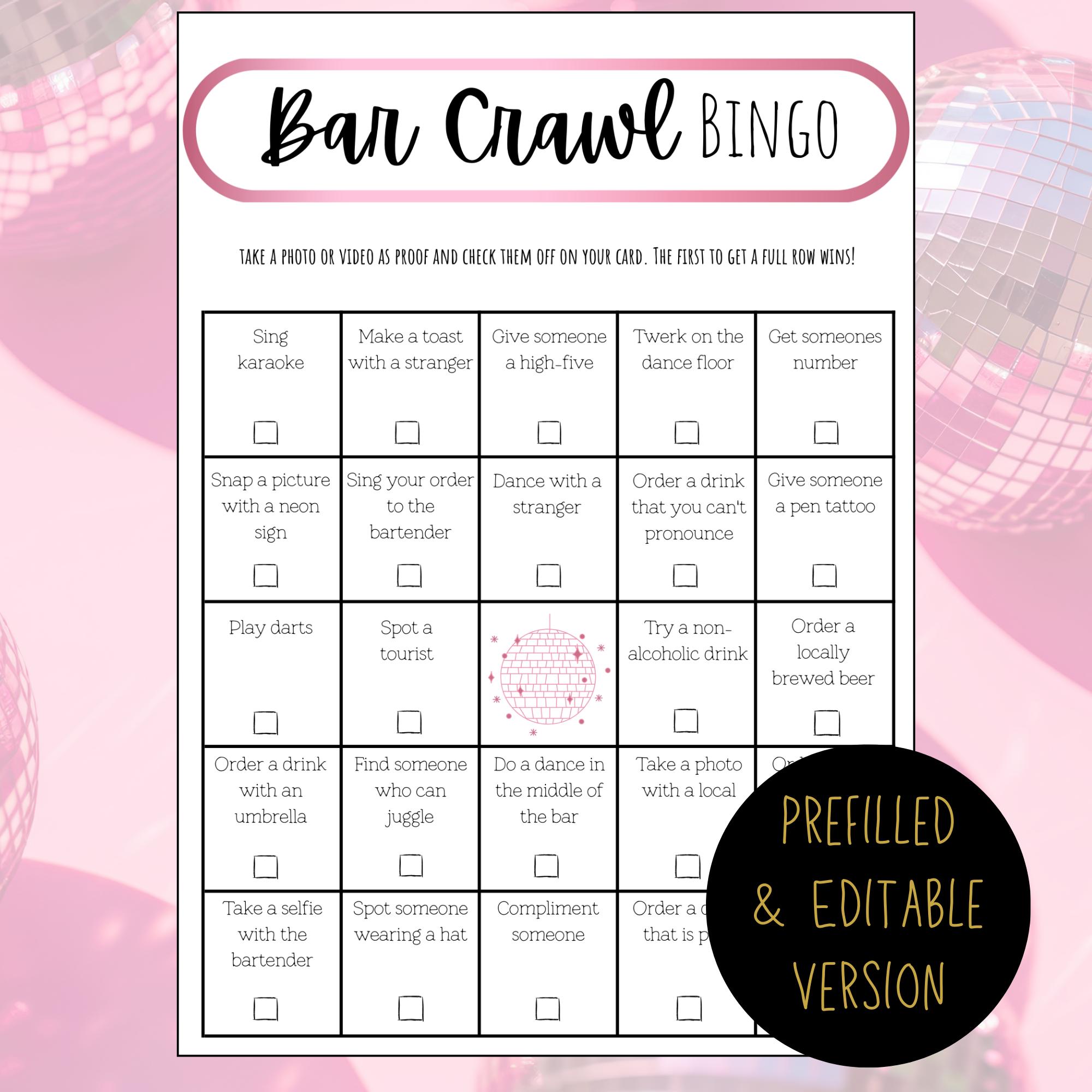 Bar Crawl Bingo - Printable &amp; Editable Pub Crawl Game | Fun Bar Crawl Printable for Parties ...