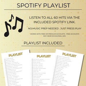 Spotify playlist included with Decades of Hits Music Bingo, 60 classic hit songs, no music prep needed, party game for adults