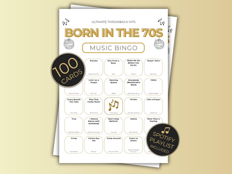 Born in the 70s Music Bingo, 100 Cards 50th Birthday Party Game, 1970s Retro Music Bingo Printable, Instant Download