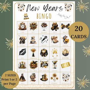 Bingo de Véspera de Ano Novo para Imprimir - 20 Cartões Exclusivos, Jogos Divertidos de Véspera de Ano Novo para Crianças e Adultos, Atividade Perfeita para Festa de NYE, Download Instantâneo