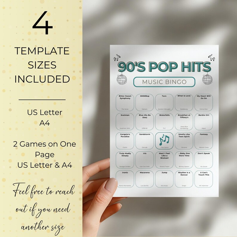 90s Music Bingo: 50 Printable Cards, Exciting Party Game with Spotify Playlist, Instant Digital Download
