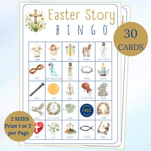 Ostergeschichten-Bingo, 30 druckbares religiöses Osterbibel-Bingospiel, Karwoche, Kreuzigung, Auferstehung, christliches Bingo