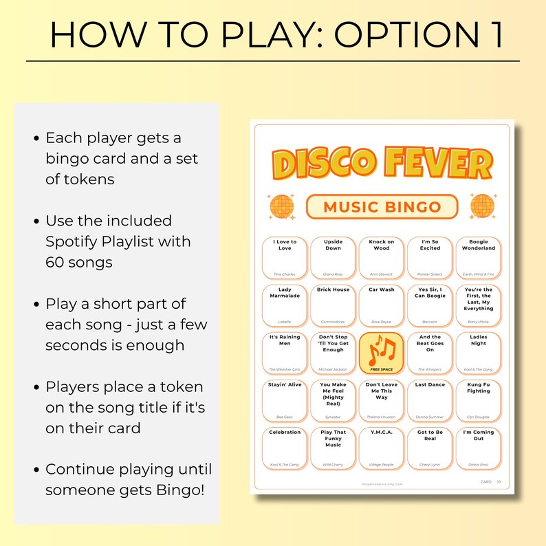 Disco Fever Music Bingo, 70s 80s Birthday Party Game with 200 Bingo Cards, Ladies Night, Instant Download with Spotify Playlist