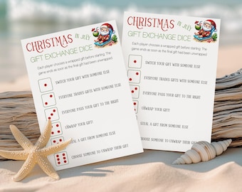 Christmas in July Gift Exchange Dice Game, 6-Action Printable & Editable, Simple White Elephant or Pass the Gift Game