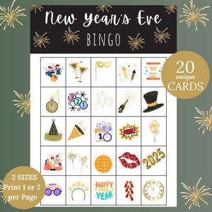 Cartões de Bingo de Véspera de Ano Novo, Ano Novo 2025, Jogos de Véspera de Ano Novo, Festa de Véspera de Ano Novo, Jogo para Imprimir, Download Digital, 20 Cartões Exclusivos