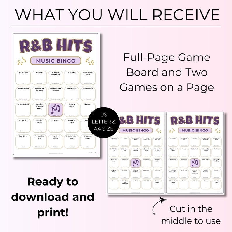 R&B Music Bingo, 200 Unique Cards with Spotify Playlist, Printable Party Game and Music Night Activity