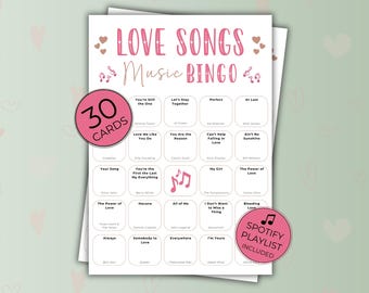 Bingo musical de canciones de amor, divertido juego imprimible, celebración de San Valentín, 30 tarjetas, actividad para fiesta musical