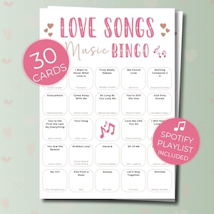 Love Songs Music Bingo, Fun Printable Game, Valentine's Day Celebration, 30 Cards, Music Party Activity