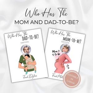 Wer hat die Mama und den werdenden Papa-Babyparty-Spiel, lustige bearbeitbare druckbare Rubbelkarten, sofortiger Download