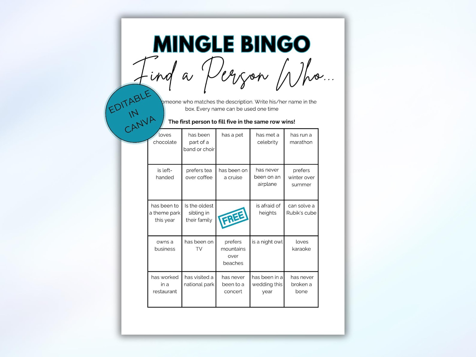 Editable Mix and Mingle Bingo - Printable Ice Breaker Game With Get to ...
