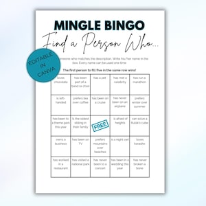 Editable Mix and Mingle Bingo - Printable Ice Breaker Game with Get to Know You Questions, Workplace Bingo, Coworker Bingo for Parties