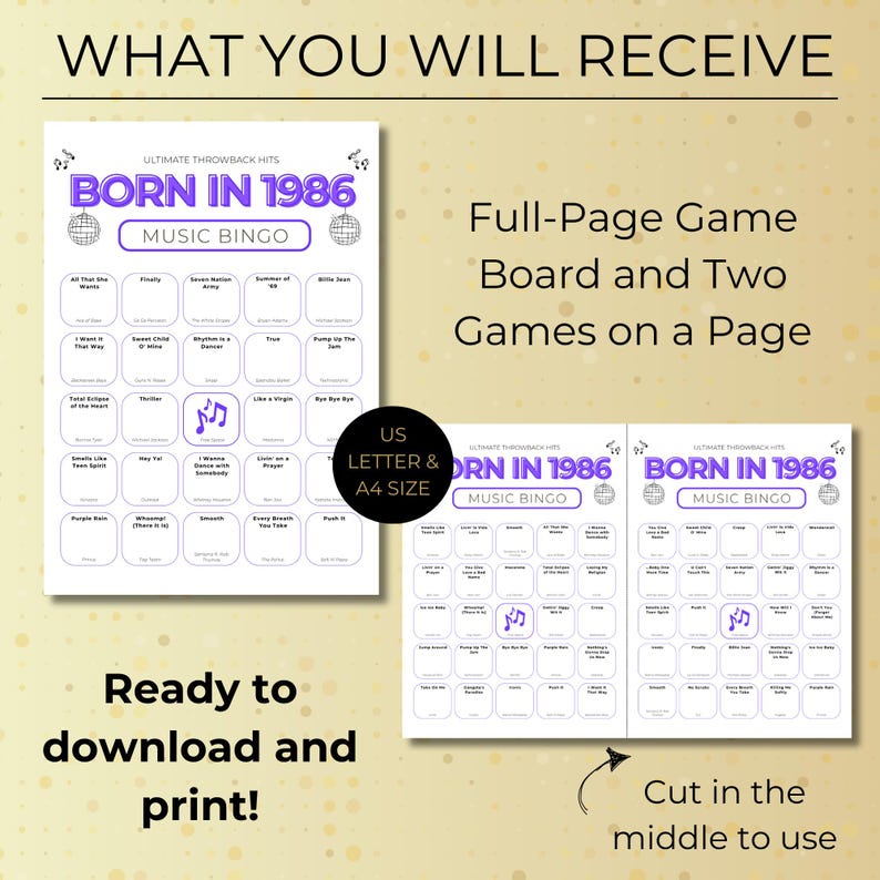 Born in 1986 Music Bingo, 100 Cards 40th Birthday Party Game, Retro 80s Printable, Spotify Playlist, Instant Download