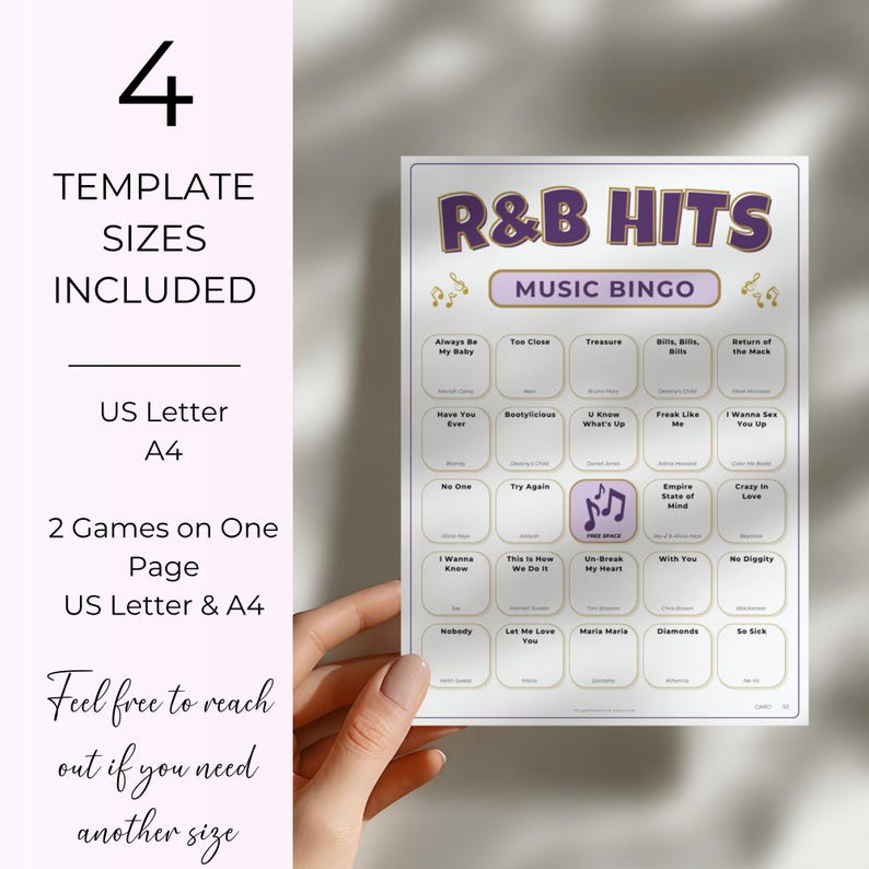 R&B Music Bingo, 100 Unique Cards with Spotify Playlist, Printable Party Game & Music Night Activity