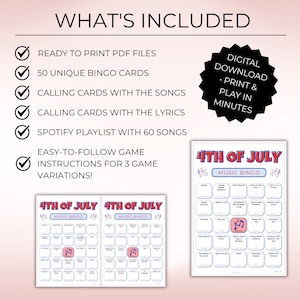 4th of July Music Bingo, Patriotic Party Game, 50 Printable Cards, Digital Download for Independence Day Fun