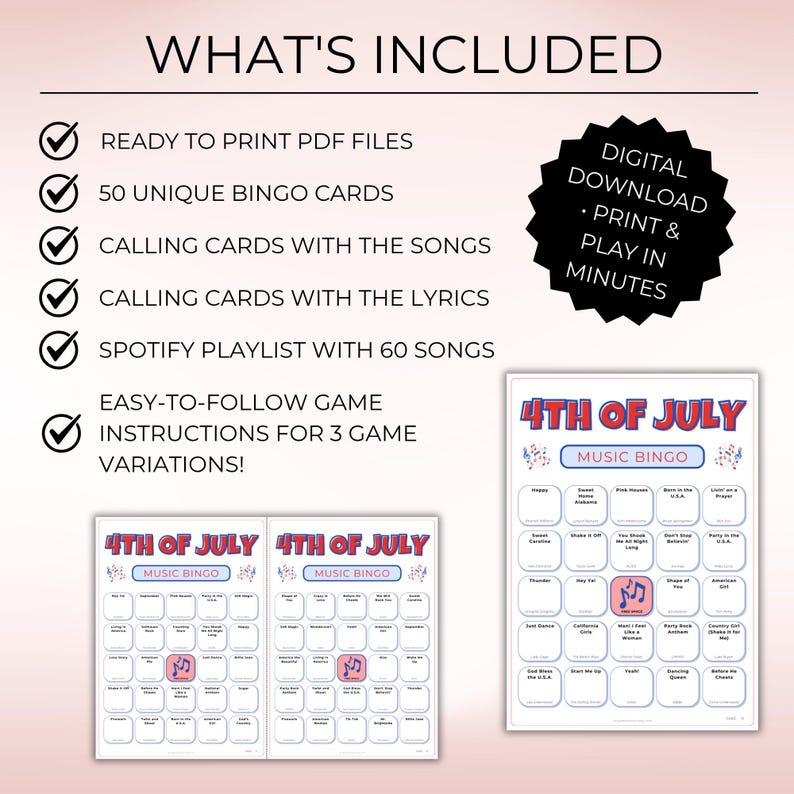 4th of July Music Bingo, Patriotic Party Game, 50 Printable Cards, Digital Download for Independence Day Fun
