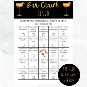 Bar Crawl Bingo Printable Game, Fun Editable Adult Scavenger Hunt for Bachelorette Parties, Birthday Celebrations, and Pub Crawls