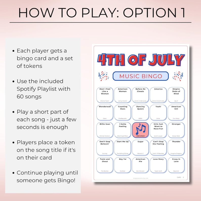 4th of July Music Bingo, Patriotic Party Game, 50 Printable Cards, Digital Download for Independence Day Fun