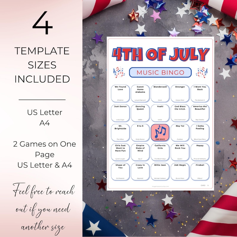 4th of July Music Bingo, Patriotic Party Game, 50 Printable Cards, Digital Download for Independence Day Fun