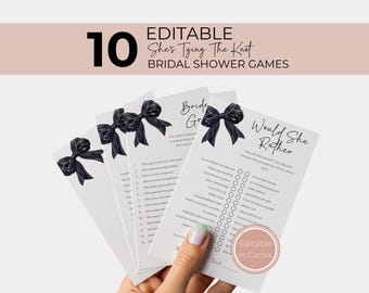 Pacchetto per addio al nubilato "She's Tying the Knot", giochi con fiocco nero, modello di invito modificabile, arredamento minimalista moderno
