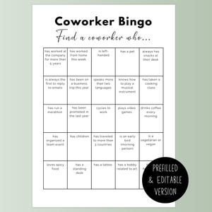 Bingo entre collègues à imprimer, jeu de consolidation d'équipe, activité de bureau amusante, brise-glace pour le travail et les événements de réseautage, à imprimer pour les réunions de travail