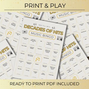 Print and play Decades of Hits Music Bingo game, printable bingo cards for parties, family gatherings and events