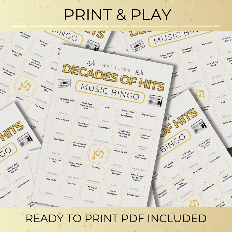 Print and play Decades of Hits Music Bingo game, printable bingo cards for parties, family gatherings and events
