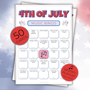 4th of July Music Bingo, Patriotic Party Game, 50 Printable Cards, Digital Download for Independence Day Fun